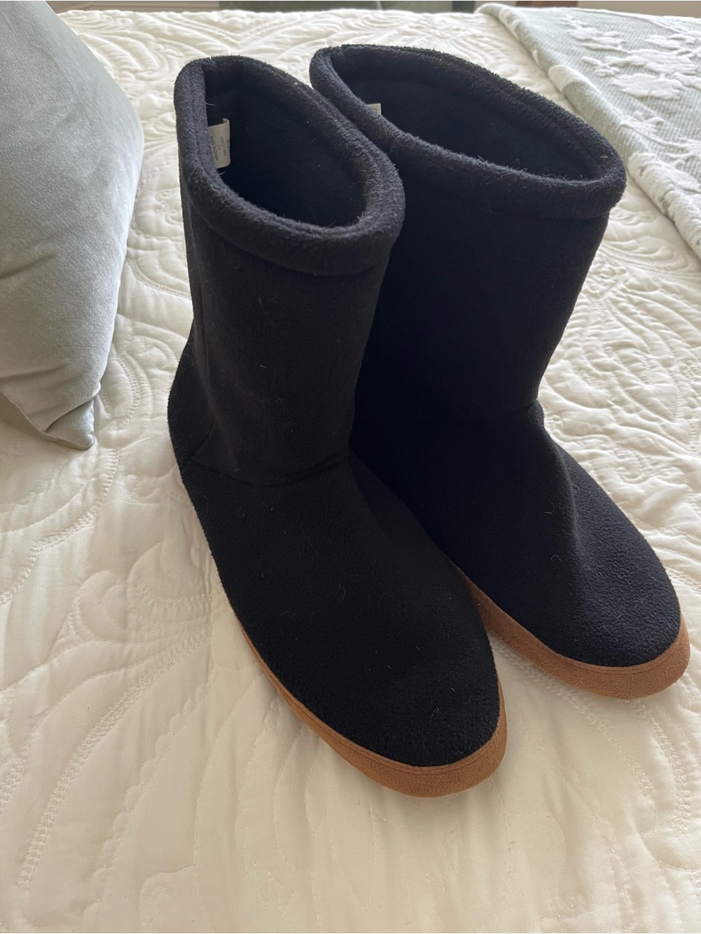 Lands End Black Faux Suede Cozy Booties with Tan Sole slippers size 13